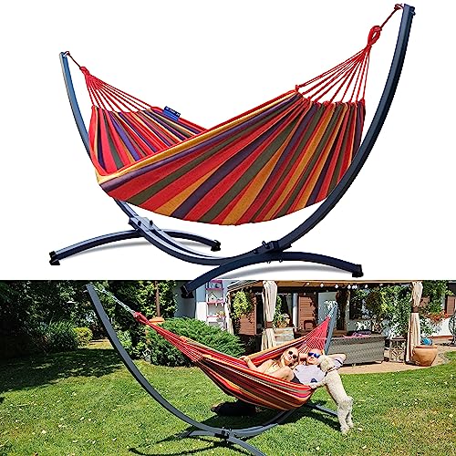 Potenza Outdoor Hängematte mit Gestell für 2 Personen I Baumwolle Doppelhängematte XXL 220x160, 200kg I Hängemattengestell 220kg, wetterfest (Rot, Basic Gestell Graphit) von Potenza