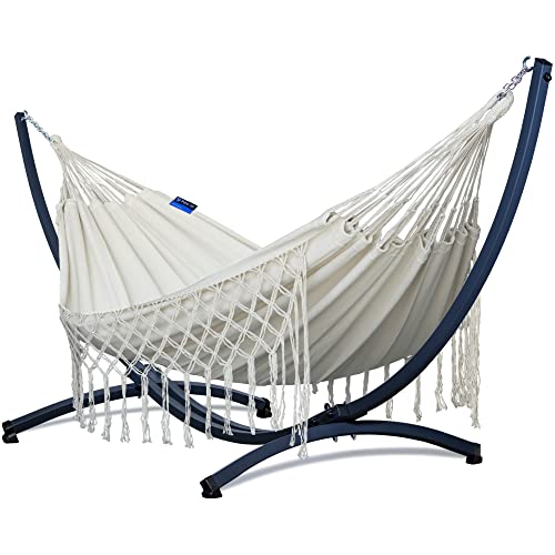 Potenza Outdoor Hängematte mit Gestell für 2 Personen I Medelin Boho- 100% Baumwolle Doppelhängematte 230x160, 200kg I Hängemattengestell 220kg, wetterfest (Basic Gestell Graphit, Ecru) von Potenza