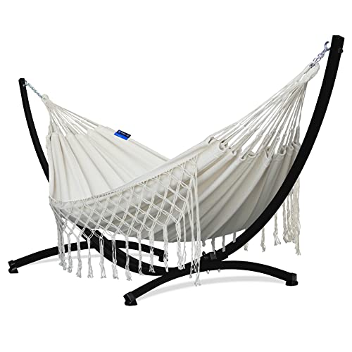 Potenza Outdoor Hängematte mit Gestell für 2 Personen I Medelin Boho- 100% Baumwolle Doppelhängematte 230x160, 200kg I Hängemattengestell 220kg, wetterfest von Potenza