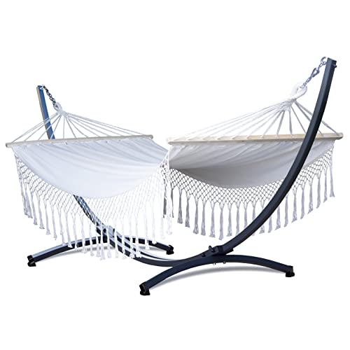 Potenza Outdoor Hängematte mit Gestell für 2 Personen I Stabhängematte XXL 220x160, 200kg I Hängemattengestell 220kg Wetterfest (Santia-Ecru, Basic Gestell Graphit) von Potenza