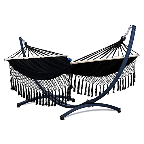 Potenza Outdoor Hängematte mit Gestell für 2 Personen I Stabhängematte XXL 220x160, 200kg I Verzinkter Hängemattengestell 220kg Wetterfest (Santia-Schwarz, Basic Gestell Graphit) von Potenza
