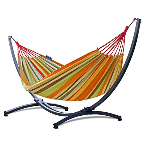 Potenza Outdoor Hängematte mit Verzinkter Gestell für 2 Personen I Baumwolle Doppelhängematte XXL 220x160, 200kg I Hängemattengestell 220kg, wetterfest (Orange, Basic Gestell Graphit) von Potenza