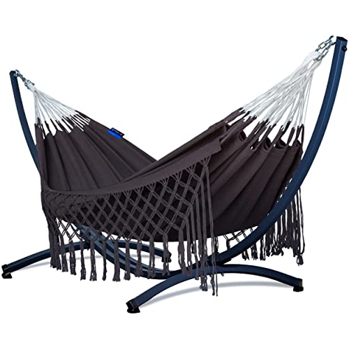 Potenza Outdoor Hängematte mit Verzinkter Gestell für 2 Personen I Medelin Boho - 100% Baumwolle Doppelhängematte 230x160, 200kg I Hängemattengestell 220kg, wetterfest (Basic Gestell Graphit, Kaffee) von Potenza