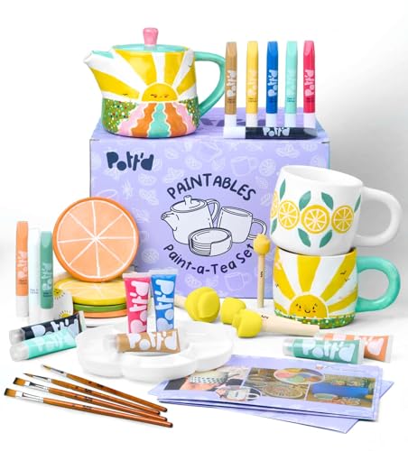 Pott’d Paintables Teeservice Zum Bemalen – DIY-Keramik-Bemalen-Set Für Erwachsene Mit Teekanne, Tassen, Untersetzern, Farben, Pinseln, Schwämmen, Palette Und Anleitung Anfänger von Pott'd