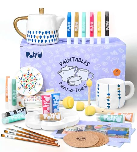 Pott’d Paintables Teeservice Zum Bemalen – DIY-Keramik-Bemalen-Set Für Erwachsene Mit Teekanne, Tassen, Untersetzern, Farben, Pinseln, Schwämmen, Palette Und Anleitung Anfänger von Pott'd