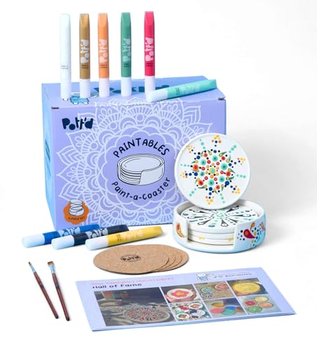 Pott’d Paintables Untersetzer zum Bemalen – DIY Keramik-Bemalen-Set für Erwachsene mit Untersetzern, Halter, Punktfarben, Pinseln und Anleitung – Kreatives Geschenk für Anfänger oder für Zuhause von Pott'd