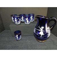 Blauer Goldrand Mary Gregory Krug Und Sechs Passenden Gläsern von PotteryglassII