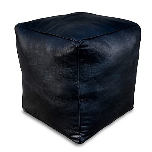 Poufs&Pillows Quadratischer Leder Pouf XL - Handgefertigt - gefüllt geliefert - Ottoman, Sitzsack, Fußhocker (Schwarz) von Poufs&Pillows