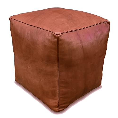 Poufs&Pillows Quadratischer Leder Pouf XL - Handgefertigt - gefüllt geliefert - Ottoman, Sitzsack, Fußhocker (Cognac Braun) von Poufs&Pillows