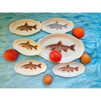 6Er Set Vintage Geschirr Fischgeschirr Kleine Ovale Mit Fischbild Fischschale Antik Teller Retro von PouggsVintage