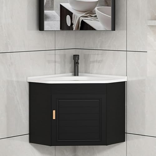 Pounjsd Eckwaschbecken Mit Unterschrank, Aufsatzwaschbecken klein, Keramik Eckwaschbecken, Waschbecken Gäste WC, Waschschale mit Ablagefach, Platzsparendes Hänge-Waschbecken, Schwebender Wandschrank von Pounjsd