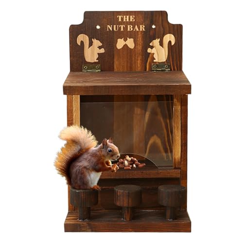 Eichhörnchen-Futterstation für den Außenbereich, Eichhörnchen-Futterstation für den Außenbereich – Eichhörnchen-Bar aus Holz mit 3 kleinen Hockern aus Holz | wetterfeste Tamia-Box von Povanjer