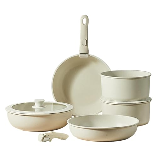 Gastronomisches Kochgeschirr, antihaftbeschichtetes Kochgeschirr, sicheres -Set, abnehmbarer Griff, cremeweiß, für Bratpfannen, Topfset für von Povanjer