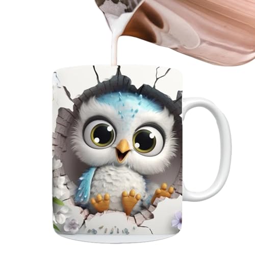 -Kaffeetasse, niedliche Keramik-Kaffeetassen mit flachem -Design, Eulendekoration, 325 ml, für Kaffee-, Milchtee-Liebhaber, Keramikbecher für Damen und Herren von Povanjer
