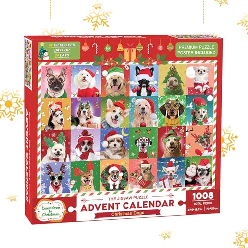 Puzzle-Kalender für Hunde, Weihnachten, 1000 Teile, Spielzeuge, Countdown von 24 Tagen bis Weihnachten, Adventsgeschenke für Kinder, Weihnachtsgeschenke von Povanjer