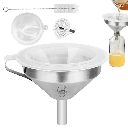 Trichter für Fettfilter, Trichter für Ölfilter, mit Griff und Reinigungsbürste, Set mit 4 feinen Netzfiltern | Set mit herausnehmbaren Filtern mit 200 Maschen Trichter für Fettfilter, Trichter für Ölfilter, mit Griff und Reinigungsbürste, Set mit 4 feinen Netzfiltern | Set mit herausnehmbaren Filtern mit 200 Maschen von Povanjer