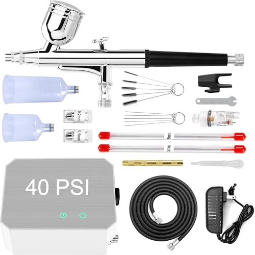 Powate 40 PSI Airbrush Set, Dual Action Multi Funktion Airbrush Set mit tragbarem Kompressor für Kuchendekoration, Makeup, Kunsthandwerk, Nageldesign, Tattoo-Modellierung, Malerei von Powate