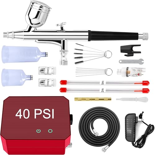 Powate 40 PSI Airbrush Set, Dual Action Multi Funktion Airbrush Set mit tragbarem Kompressor für Kuchendekoration, Makeup, Kunsthandwerk, Nageldesign, Tattoo-Modellierung, Malerei von Powate