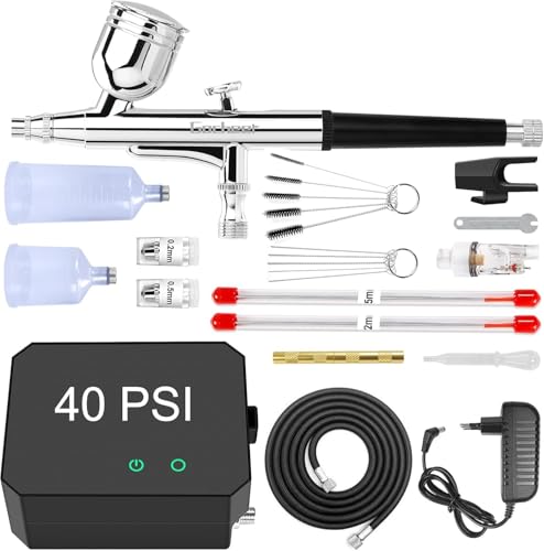 Powate Aerograph, 40 PSI Multifunktions-Dual-Action-Airbrush-Set Kompressor mit 0,2/0,3/0,5 mm Düsen für Nail Art, Handwerk, Kuchendekoration, Schwarz von Powate