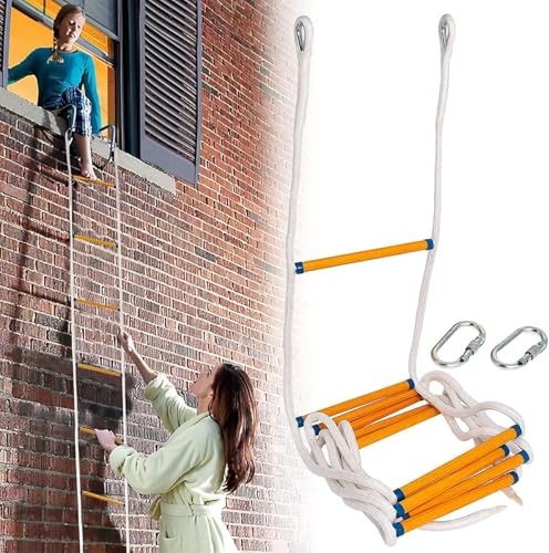 Feuerleiter 4M mit Karabiner, Strickleiter Feuerfeste Rettungsleiter mit Handschuhe für 2-Stöckige Häuser, Feuerfeste Rettungsseilleiter Wiederverwendbar Reißfest für Fenster und Balkon von Poweka von Poweka