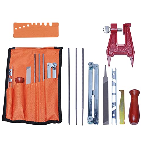 Poweka Kettensägen Schärffeilen Kit,Sägekettenfeilenset zum Schärfen von Kettensägen Inklusive Feilen, Holzgriffen, Tiefenmesser, Feilenführung, Werkzeugtasche und Schraubstock von Poweka