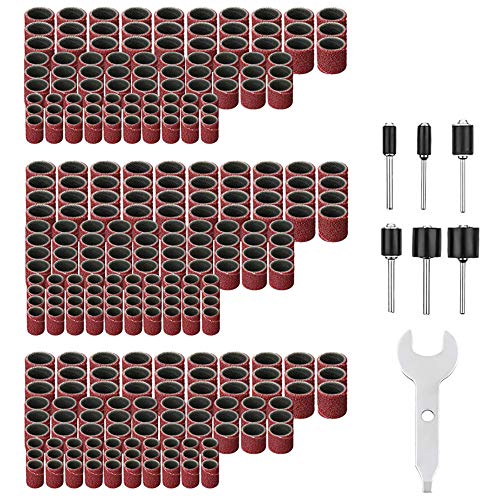 307-teiliges Schleiftrommel-Set mit 300 x Trommelschleifbandhülsen (80#120#240#), 6 x Trommeldorne (2,35 mm 3,17 mm) und 1 x Doppelschlüssel für Dremel Rotationswerkzeug Nagelbohrer-Bits von Powerful Tools