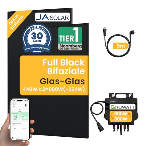 Powerness® 880Wp Balkonkraftwerk 800W Komplett Steckdose, Ja Solar 440Wpx2 Full Black Bifaziale Solarmodule, Growatt 800W Mikro-Wechselrichter mit 5m Kabel Solaranlage Komplettset von Powerness