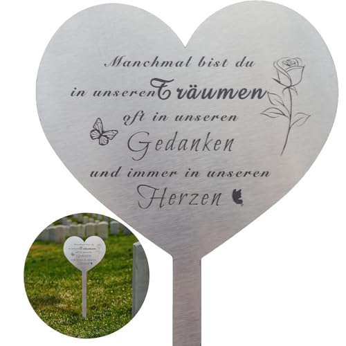 Powerruif Grabstecker Edelstahl Herz, Grabschmuck Wetterfest, Grabdekoration mit Spruch du Manchmal Bist du in Unseren Träumen, Oft in Unseren Gedanken und Immer in Unseren Herzen -für Gärten Höfe von Powerruif