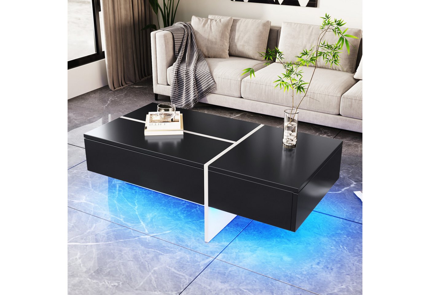 Powerwill Couchtisch Hochglänzender Couchtisch, schwarz-weiße Colorblock-Struktur, 100x50x34,5cm, mit App-gesteuertem LED-Beleuchtungssystem von Powerwill