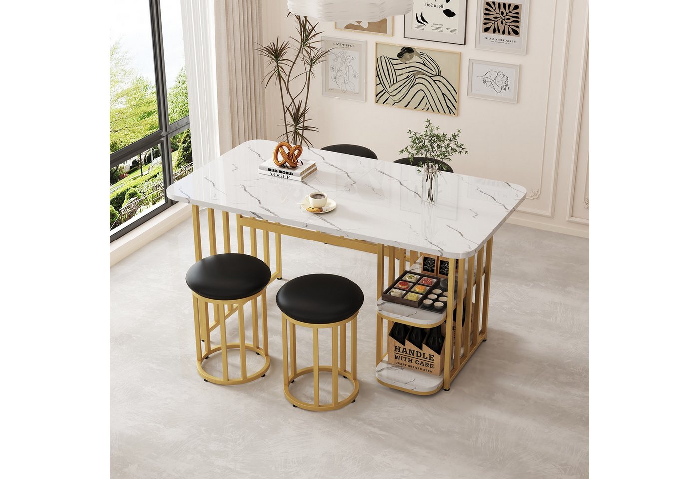 Powerwill Esstisch Esstisch-Set (mit Esstisch, 4 Stühlen), Esstisch mit Stauraum (140*80*75cm), rechteckiger Esstisch, Esszimmerstühle, Weiß und Gold von Powerwill