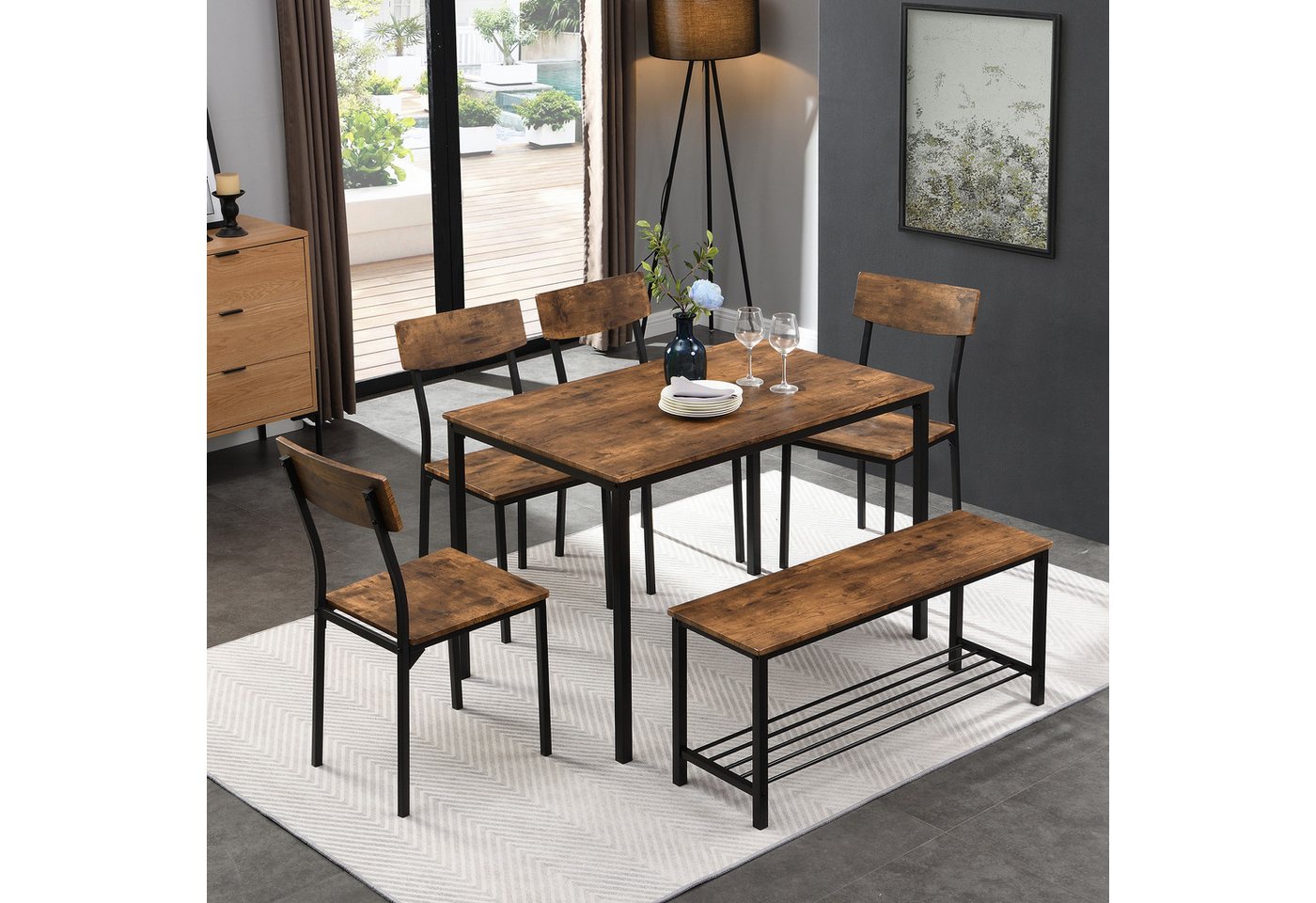 Powerwill Esstisch Esstisch Stuhl und Bank Set 6 Holz Stahlrahmen Industrie Stil Küche von Powerwill