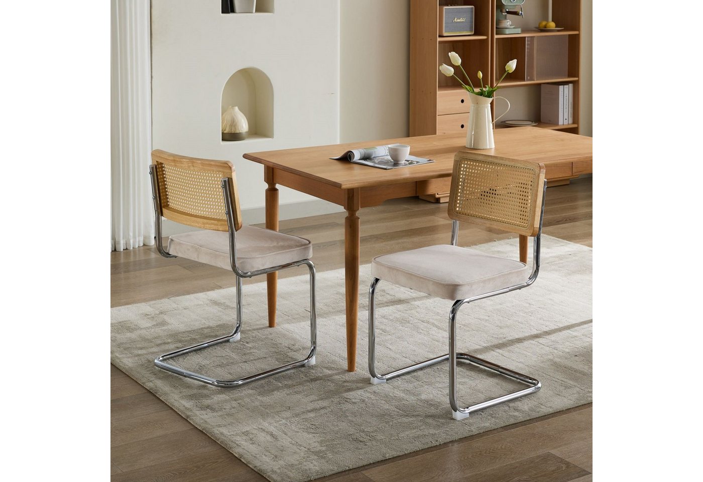 Powerwill Esszimmerstuhl 2er-Set Küchenstuhl Freischwinger (Samt-Akzentstühle mit Rückenlehne aus Naturrohr), Lesesessel mit Rückenlehne for Wohnzimmer,Schlafzimmer und Wartezimmer von Powerwill