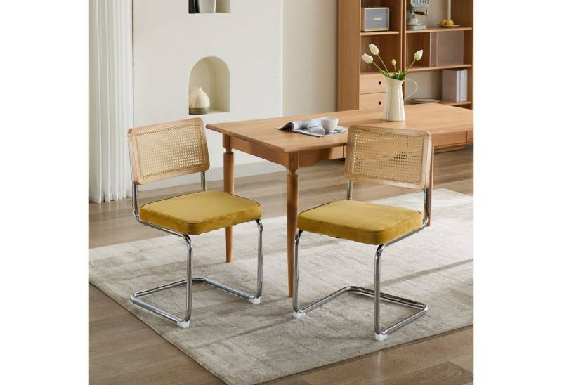 Powerwill Esszimmerstuhl 2er-Set Küchenstuhl Freischwinger (Samt-Akzentstühle mit Rückenlehne aus Naturrohr), Lesesessel mit Rückenlehne for Wohnzimmer,Schlafzimmer und Wartezimmer von Powerwill