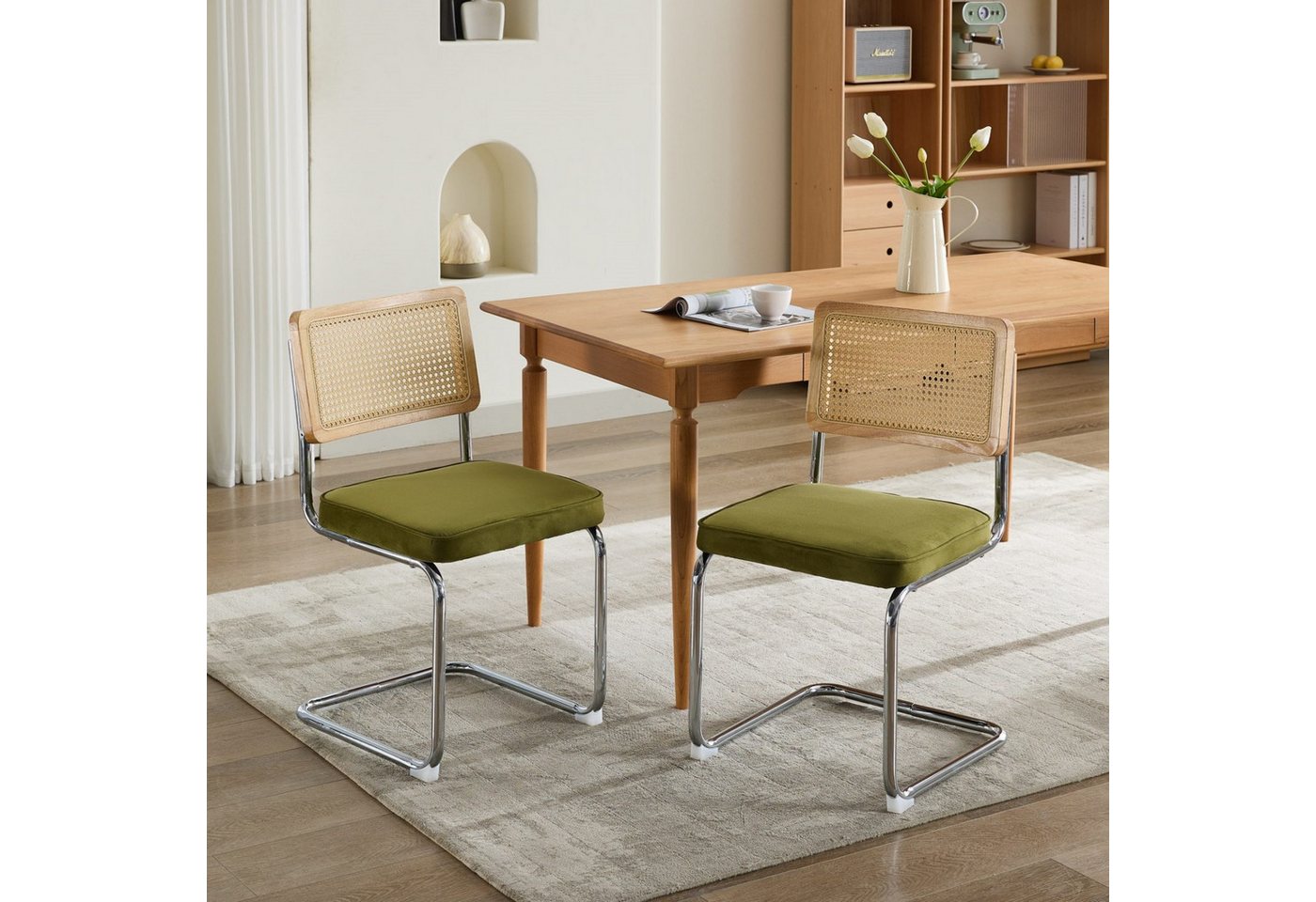 Powerwill Esszimmerstuhl 2er-Set Küchenstuhl Freischwinger (Samt-Akzentstühle mit Rückenlehne aus Naturrohr), Lesesessel mit Rückenlehne for Wohnzimmer,Schlafzimmer und Wartezimmer von Powerwill