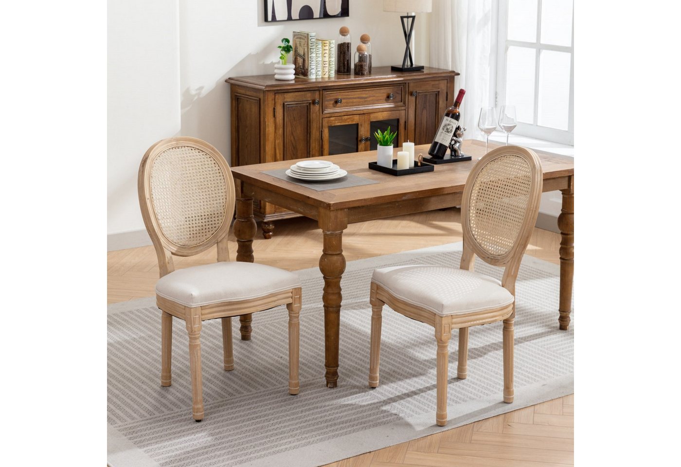 Powerwill Esszimmerstuhl 2er-Set französische Landhaus-Esszimmerstühle, (Rückenlehne aus Naturrohr Holzbeine, ländlich-kampagnardischer Look, 2 St), ländlich-kampagnardischer Look, geeignet für Küche und Schlafzimmer von Powerwill