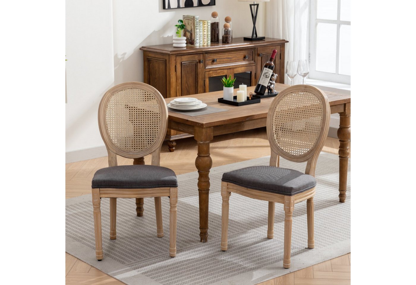Powerwill Esszimmerstuhl 2er-Set französische Landhaus-Esszimmerstühle, (Rückenlehne aus Naturrohr Holzbeine, ländlich-kampagnardischer Look, 2 St), ländlich-kampagnardischer Look, geeignet für Küche und Schlafzimmer von Powerwill