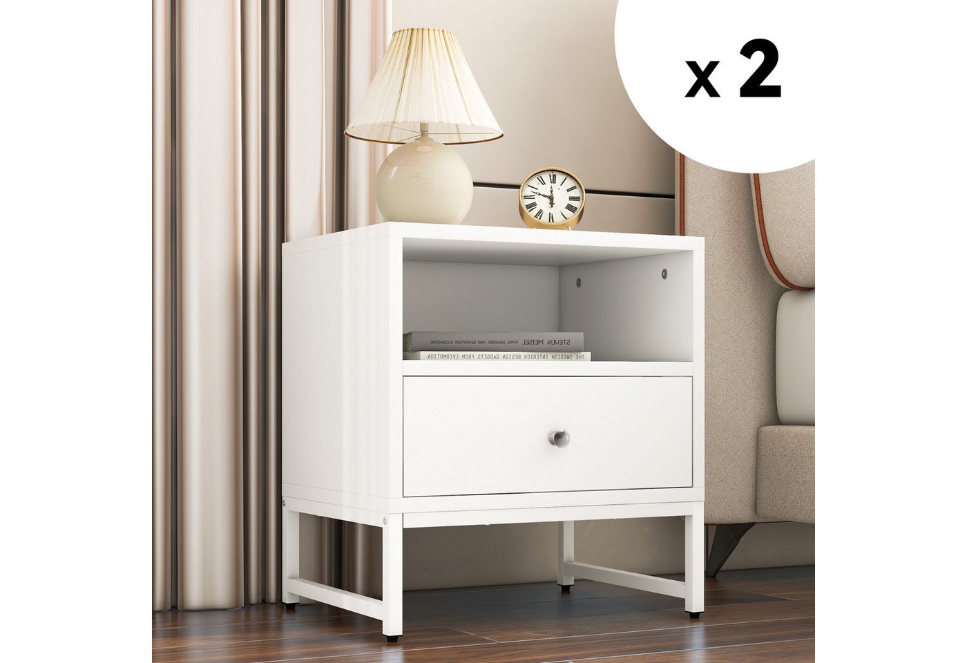 Powerwill Nachttisch Nachtschrank 2er Set mit Schubladen (minimalistischer Stil, 2-St., Mit 1 Schublade, lackiert, Antikollisionsecken), Stauraum im Wohnzimmer und Schlafzimmer von Powerwill