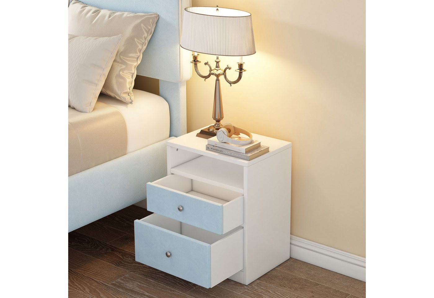 Powerwill Nachttisch mit 2 Schubladen und einem Fach (Holz+Samt, Weiß+Blau, 1-St., 42*32*52CM), Stauraum im Wohnzimmer und Schlafzimmer von Powerwill