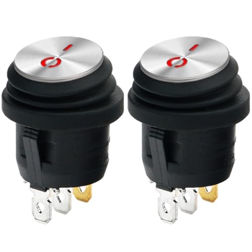 Powice 2X Edelstahl Wasserdichter Kippschalter 12V mit Rot Licht,Runder Selbstsichernder 3 Poliger Schalter 12V,Schalter 6A/12V Geeignet für den Einbau in Häusern, Autos und Elektrischen Geräten von Powice