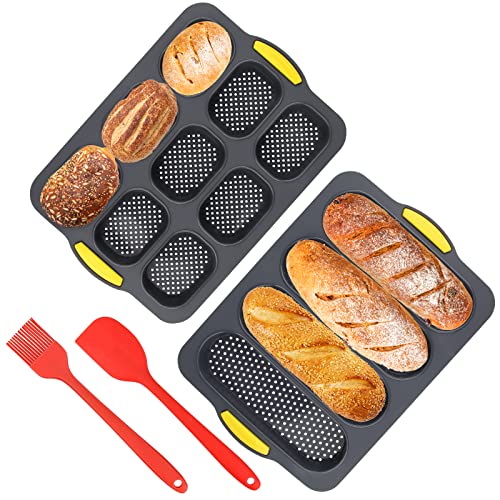 Brötchen Backform Silikon Set - Mini Baguette Brotbackform Klein Mit Silikonmesser Und Pinsel von Powmag