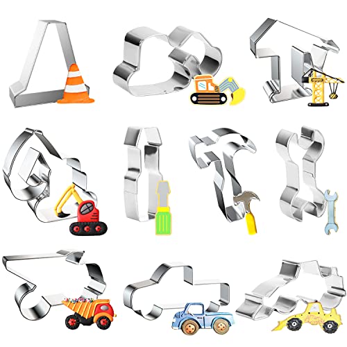 Konstruktion Ausstecher, Powmag 10 Stück Baustellen Ausstechform, Bagger Traktor Ausstecher, DIY Fondant Plätzchenausstecher Set für Kinder Geburtstag Party Deko von Powmag