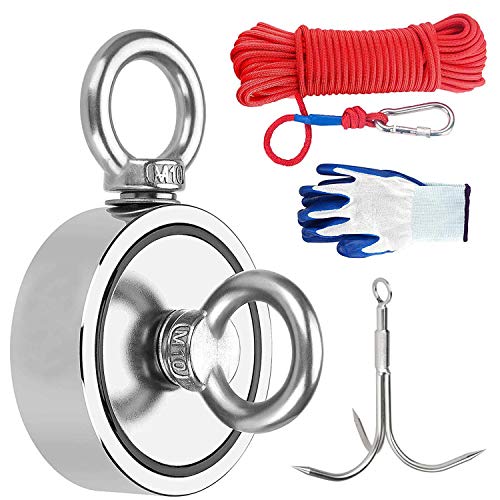 480KG Haftkraft Doppelseitig Neodym Ösenmagnet, N52 Super Extra Starker Magnet zum Magnetfischen - Ø75mm Suchmagnet mit 20m Seil, Handschuhen und Suchanker, mit 2 Öse Neodymium Topfmagnet von Powmag