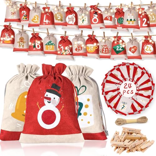 Powmag Adventskalender zum Befüllen, 24 Bunte Adventskalender Säckchen, Adventskalender zum Befüllen Stoff, Adventskalender Beutel mit Holzklammern, Hanfseil, Adventskalender 2024 Junge, Mädchen Powmag Adventskalender zum Befüllen, 24 Bunte Adventskalender Säckchen, Adventskalender zum Befüllen Stoff, Adventskalender Beutel mit Holzklammern, Hanfseil, Adventskalender 2024 Junge, Mädchen von Powmag