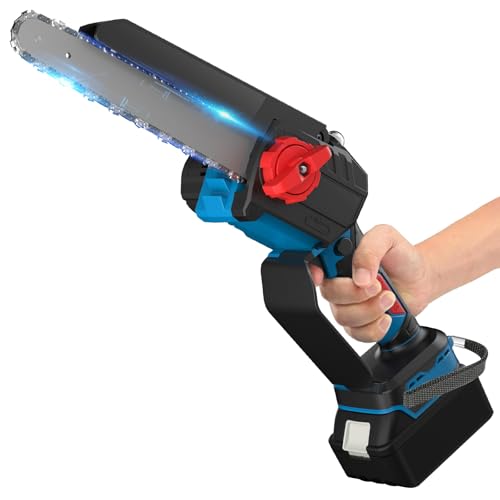 Powtree 8 Zoll Mini Akku Kettensäge mit Akku 5000mAh*2, Automatischer Öler, Mini Kettensäge akku mit Sicherheitsverriegelung und Starkem Motor Zum Holzschneiden und Baumbeschneiden von Powtree