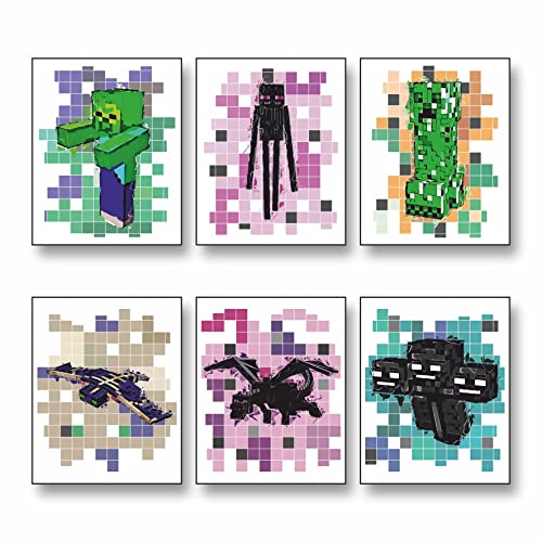 PoyBux Design,Mining Fun Wandkunst-Posterdrucke, ungerahmt, 6er-Set (20.3x25.4 cm), Miner Gamer Themen-Wanddekoration, Gaming-Wandkunst, Raumdekoration für Jungen, Kinderzimmer, Spielzimmer von PoyBux Design