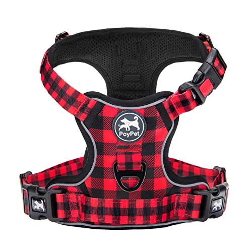 PoyPet Keine Pull Hundegeschirr Front Reflektierende Pet Weste für Hunde mit Einfache Kontrolle Griff und Rückseite perfekt für den täglichen Training, Walken, Running(Kariertes Rot,XS) von PoyPet