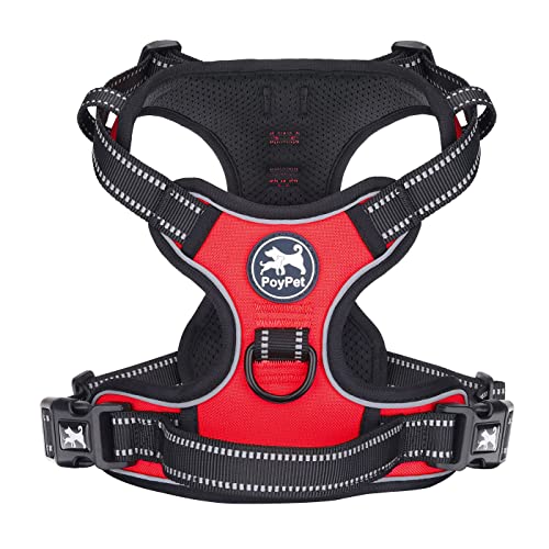 PoyPet No Pull Hundegeschirr, reflektierendes Westengeschirr mit 2 Leinenbefestigungen und einfachem Steuergriff für kleine mittelgroße Hunde (Rot, M (1er Pack)) von PoyPet