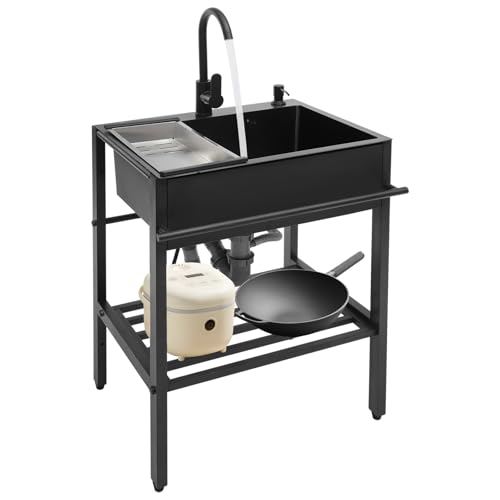 Freistehende Edelstahl Spültisch 1 Becken 60*45*86Cm Gewerbliche Spüle Industrielles Küchenspüle Mit Unterschrank & 360° Drehbarer Wasserhahn & Handtuchhalter & Abtropfkorb & Geruchssperre-Abfluss von Poyujkyhr