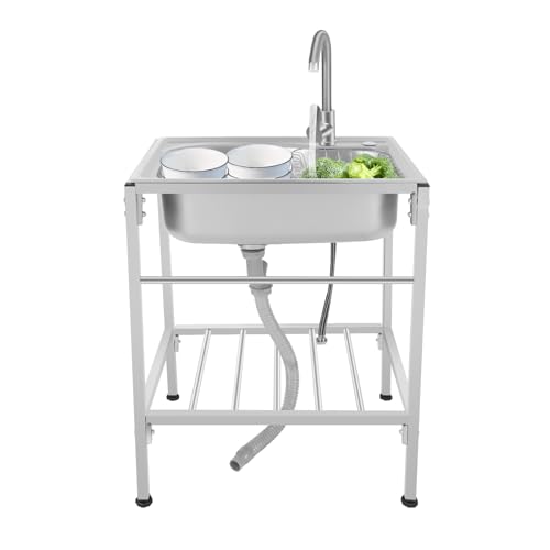 Freistehende Edelstahl Spültisch Höhenverstellbar Spülenschrank Mit 360° Drehbarer Wasserhahn & Unterschrank & Drainage System, Gewerbliche Küchenspüle ，Industrielle Spüle 60 * 45 * 75Cm von Poyujkyhr