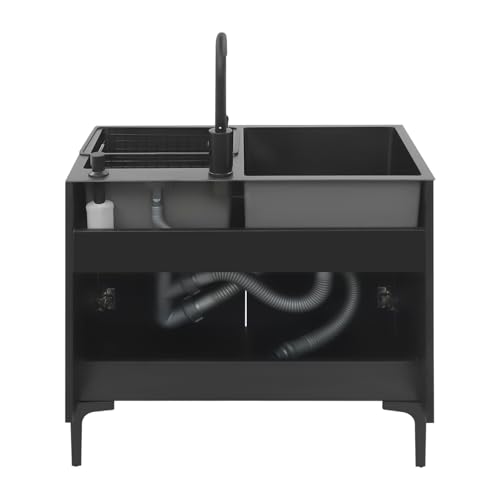 Küchenspüle mit Unterschrank & Doppelbecken Edelstahl Spültisch mit Schwenkarmatur (Heiß/Kalt) Gewerbliche Edelstahlspüle 55kg Tragkraft Freistehende Spüle mit Entwässerungskorb und Abflusseinheit von Poyujkyhr